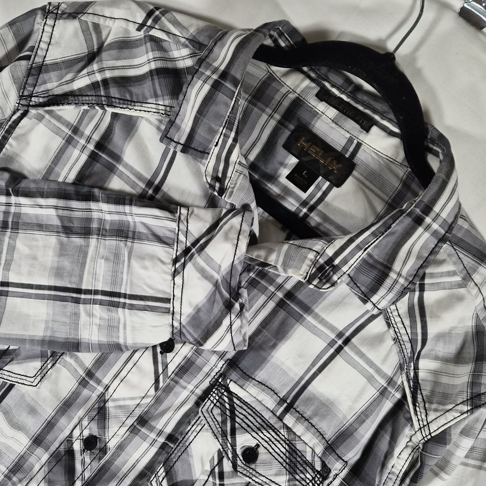 Y2K 2000s Helix Gray Plaid Pearl Snap Western Shirt Grunge Mens L